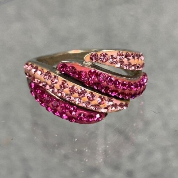Vintage Gold Plated Sterling Silver & Crystal Cocktail Ring-Pink Stones/Silver - Picture 2 of 11